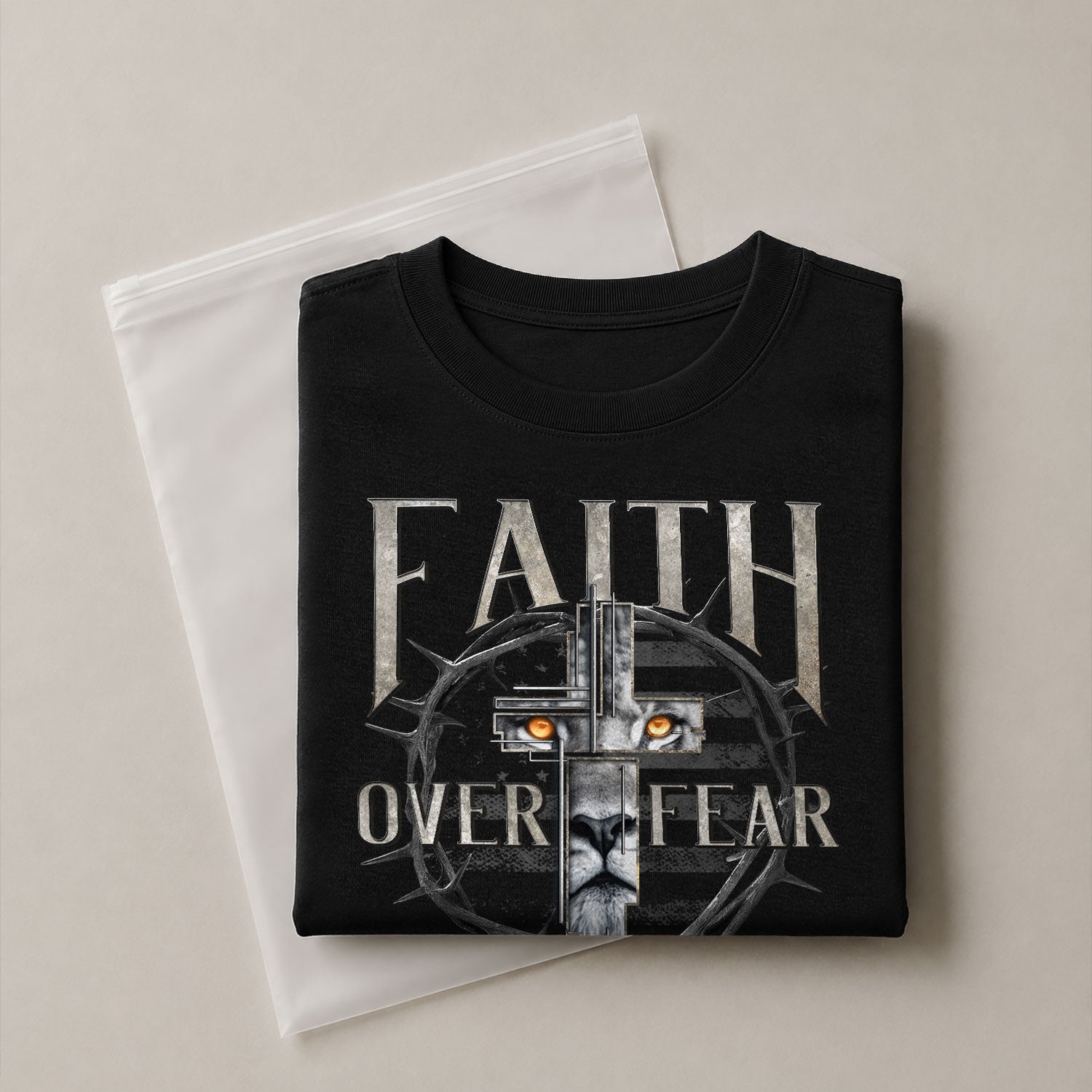 Faith Over Fear Christian Lion Cross Crown Design - Christian Tee Shirts, Christian Shirts for Men - Rust Field Wear