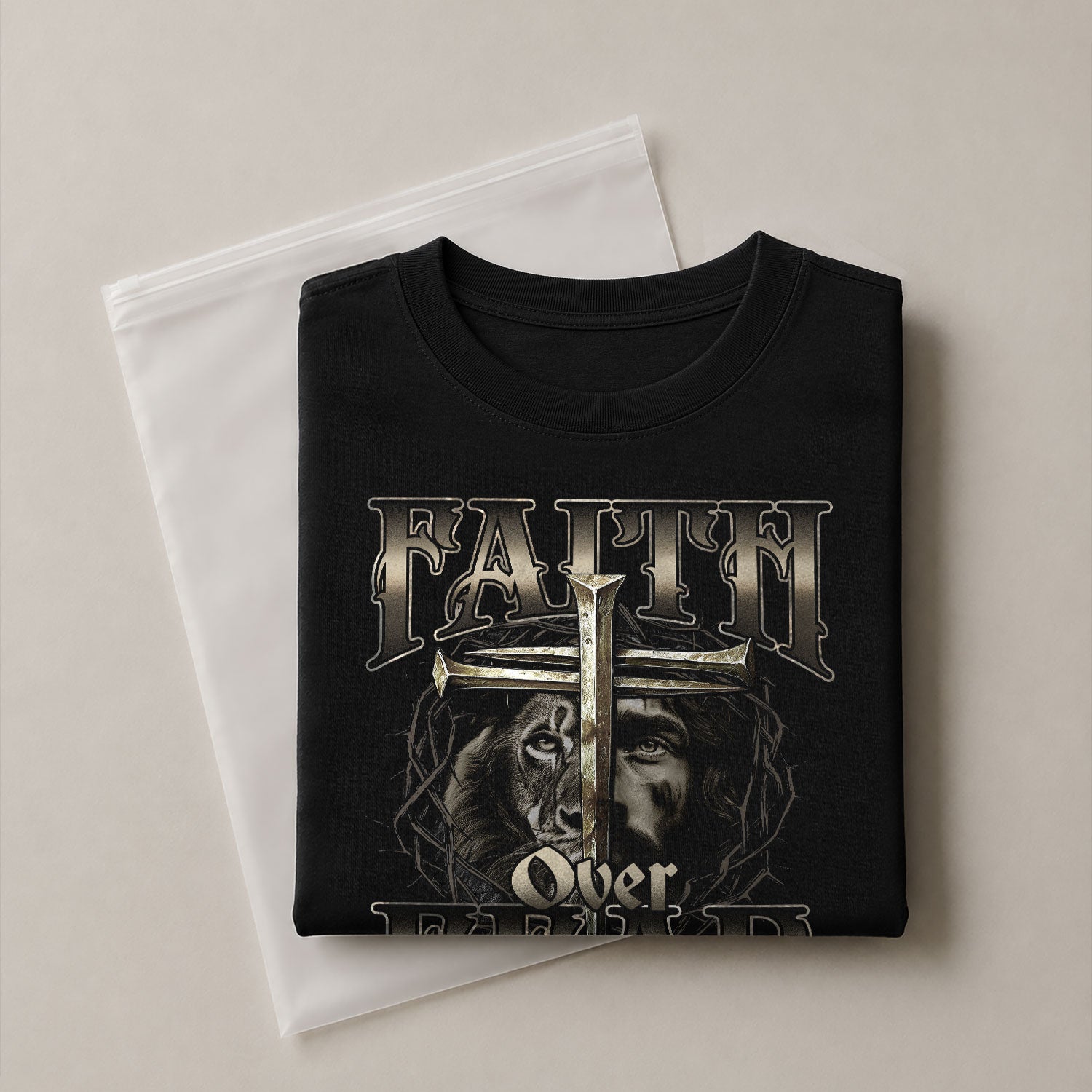 Christian Shirts for Men, Faith Over Fear Christian Lion Jesus Cross Crown Design - Christian Tee Shirts - Rust Field Wear