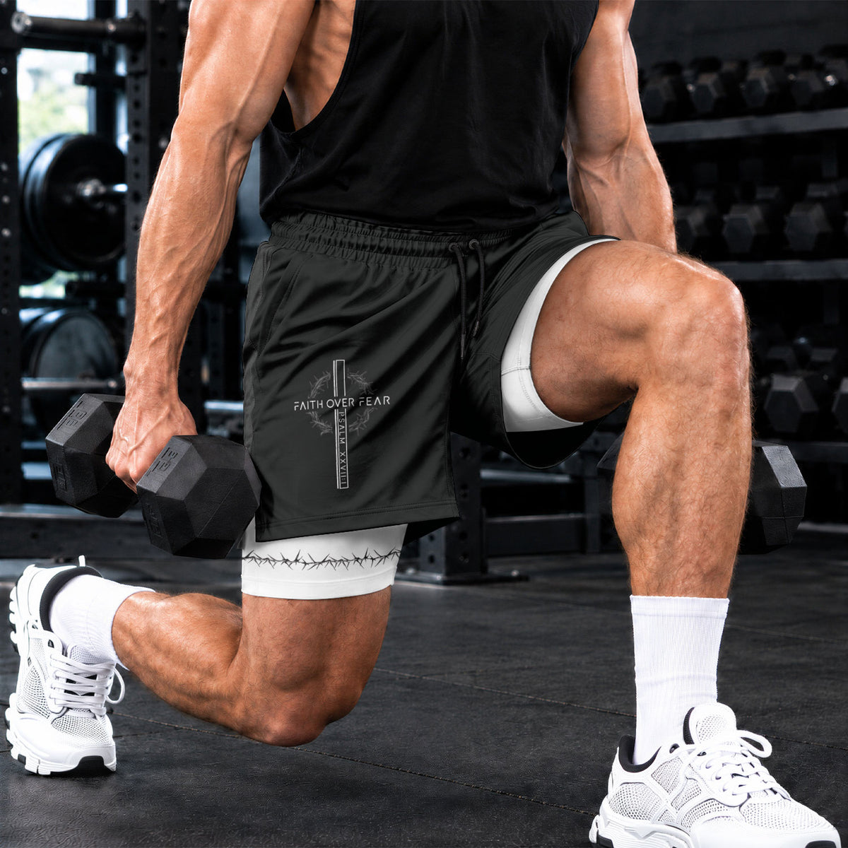 Faith Over Fear Christian Gym Shorts for Men Psalms 27:1 Cross Design - Rust Field Wear