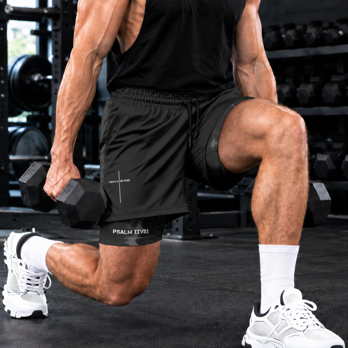 Psalm 27:1 Christian Gym Shorts Jesus on Cross Faith Over Fear - Rust Field Wear