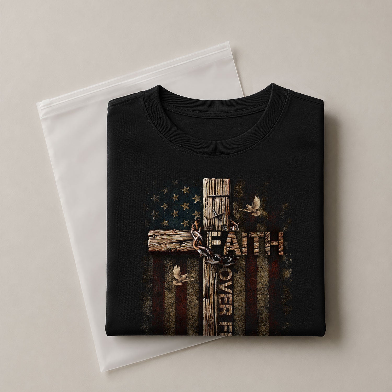 Faith Over Fear Wooden Cross American Flag Christian Psalm 118:6 Verse - Christian Tee Shirts, Christian Shirts for Men - Rust Field Wear