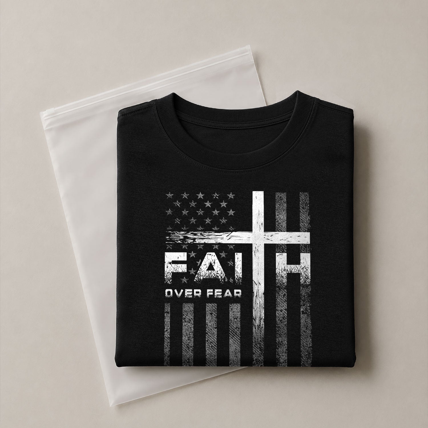 Christian Shirts for Men, Faith Over Fear Christian Cross American Flag Design - Christian Tee Shirts - Rust Field Wear