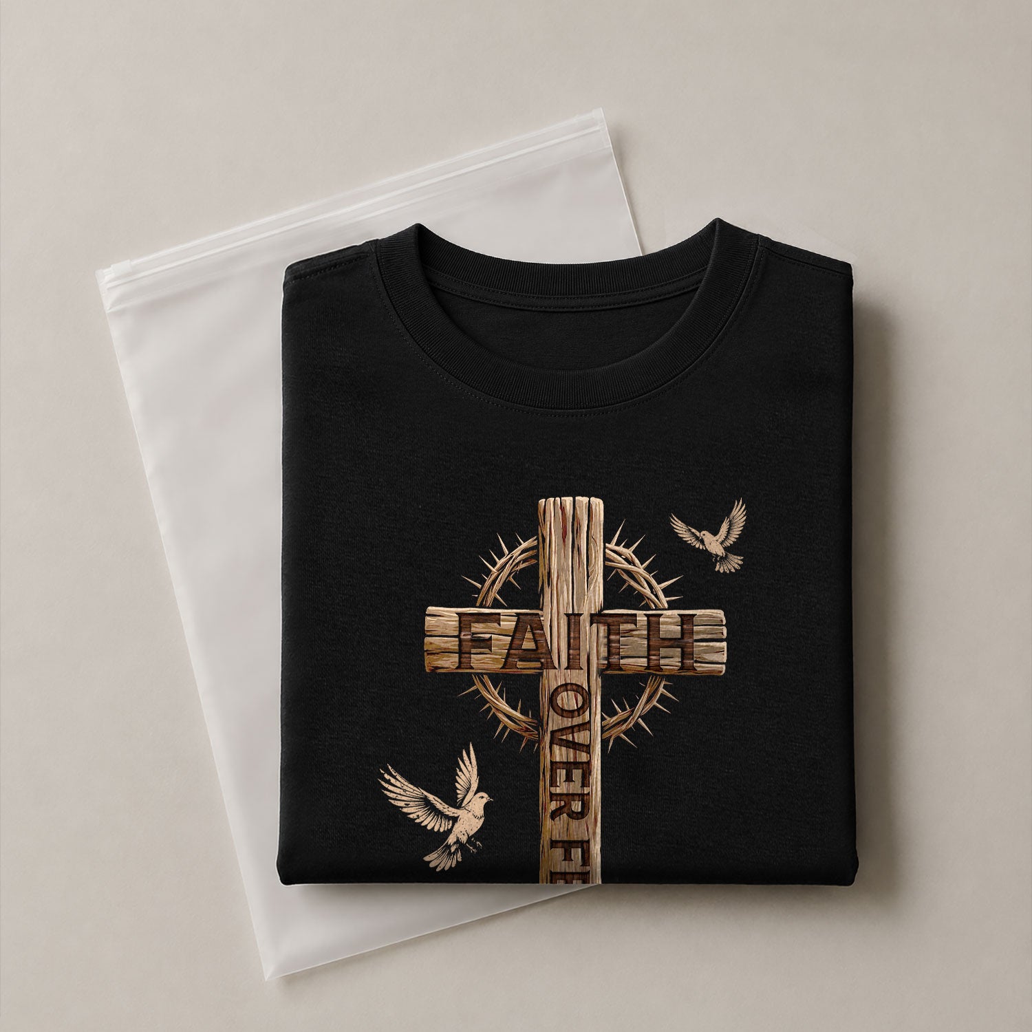 Faith Over Fear Christian Wooden Cross Crown of Thorns Design, Christian Tee Shirts - Faith Shirts for Men - Rust Field Wear