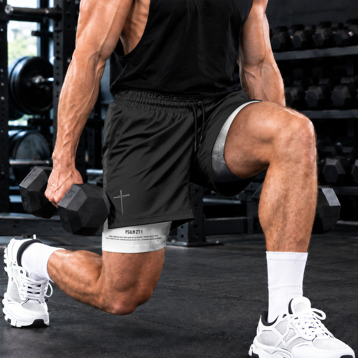 Faith Over Fear Christian Gym Shorts for Men Psalm 27:1 White Flag Cross - Rust Field Wear