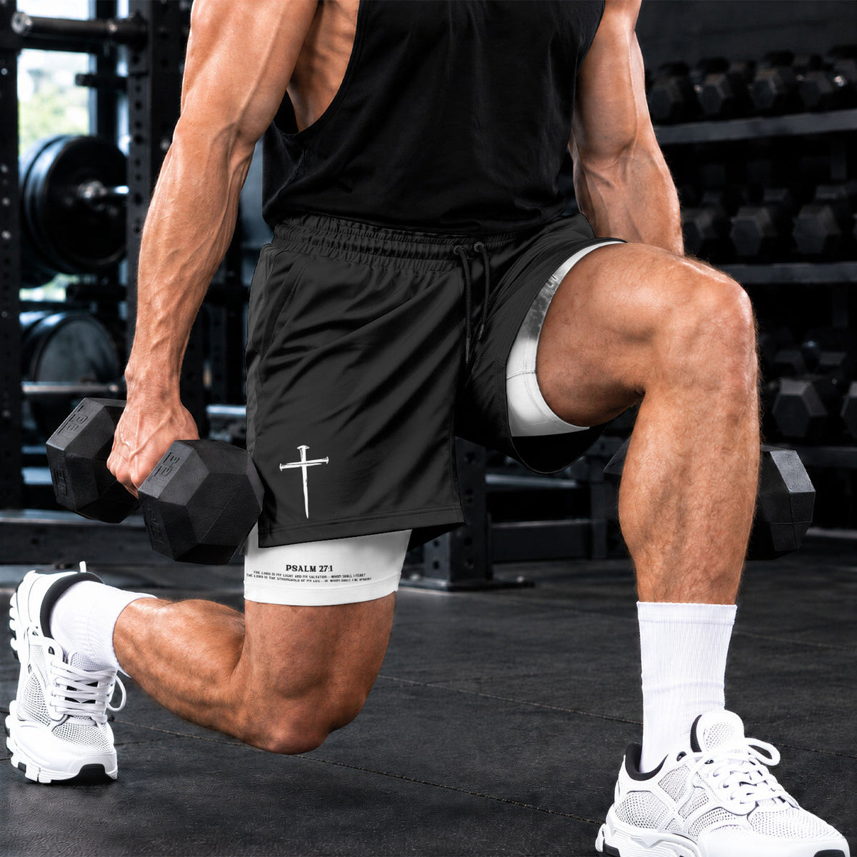 Faith Over Fear Christian Gym Shorts Psalm 27:1 Lion Cross - Rust Field Wear