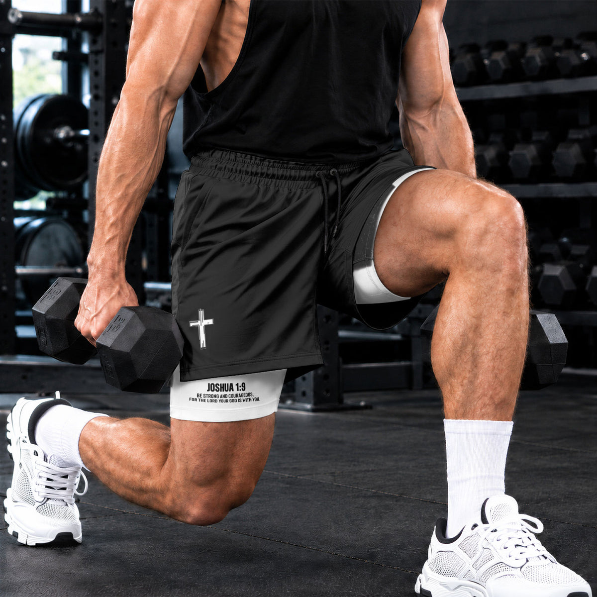 Joshua 1:9 Christian Gym Shorts for Men Jesus Cross Faith Design - Rust Field Wear