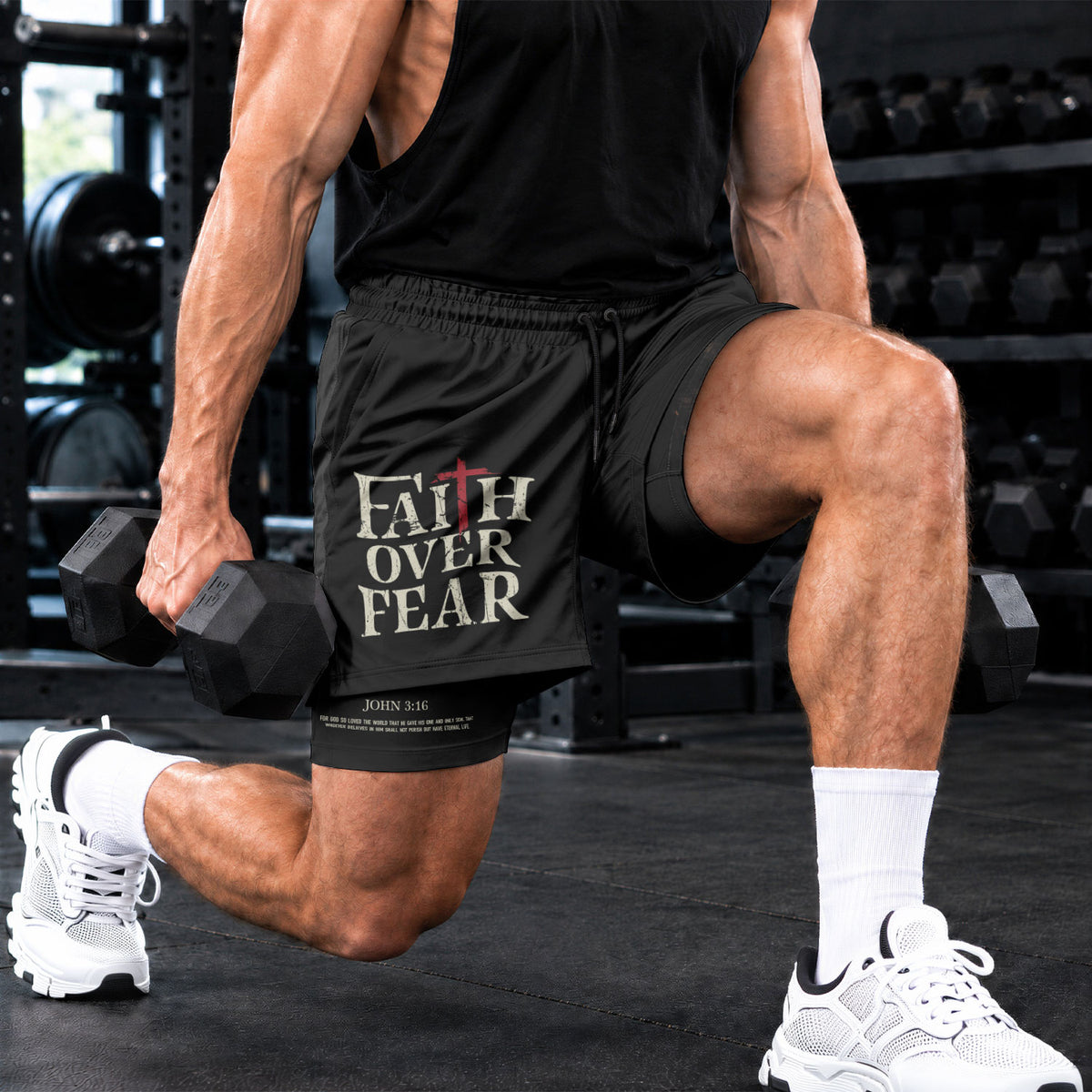 John 3:16 Bible Verse Christian Workout Shorts Men Lion of Judah Faith Over Fear Activewear - Rust Field Wear