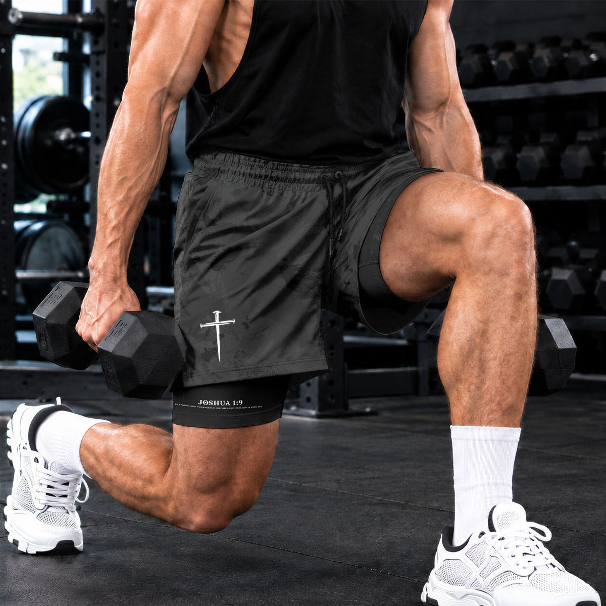 Joshua 1:9 Bible Verse Christian Men Gym Shorts Jesus Knight Kneeling Cross Training Activewear - Rust Field Wear