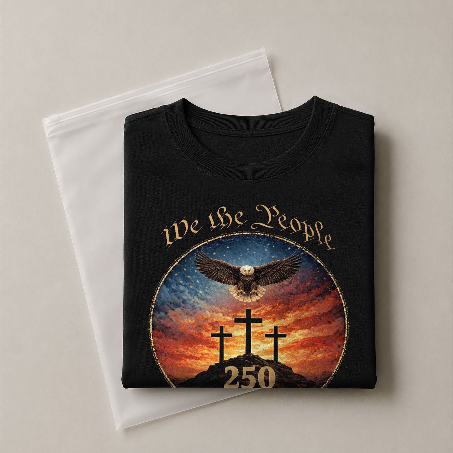 We the People 250th Anniversary T-Shirt - Christian American Patriot Eagle Soaring Over Three Crosses Design - Rust Field Wear