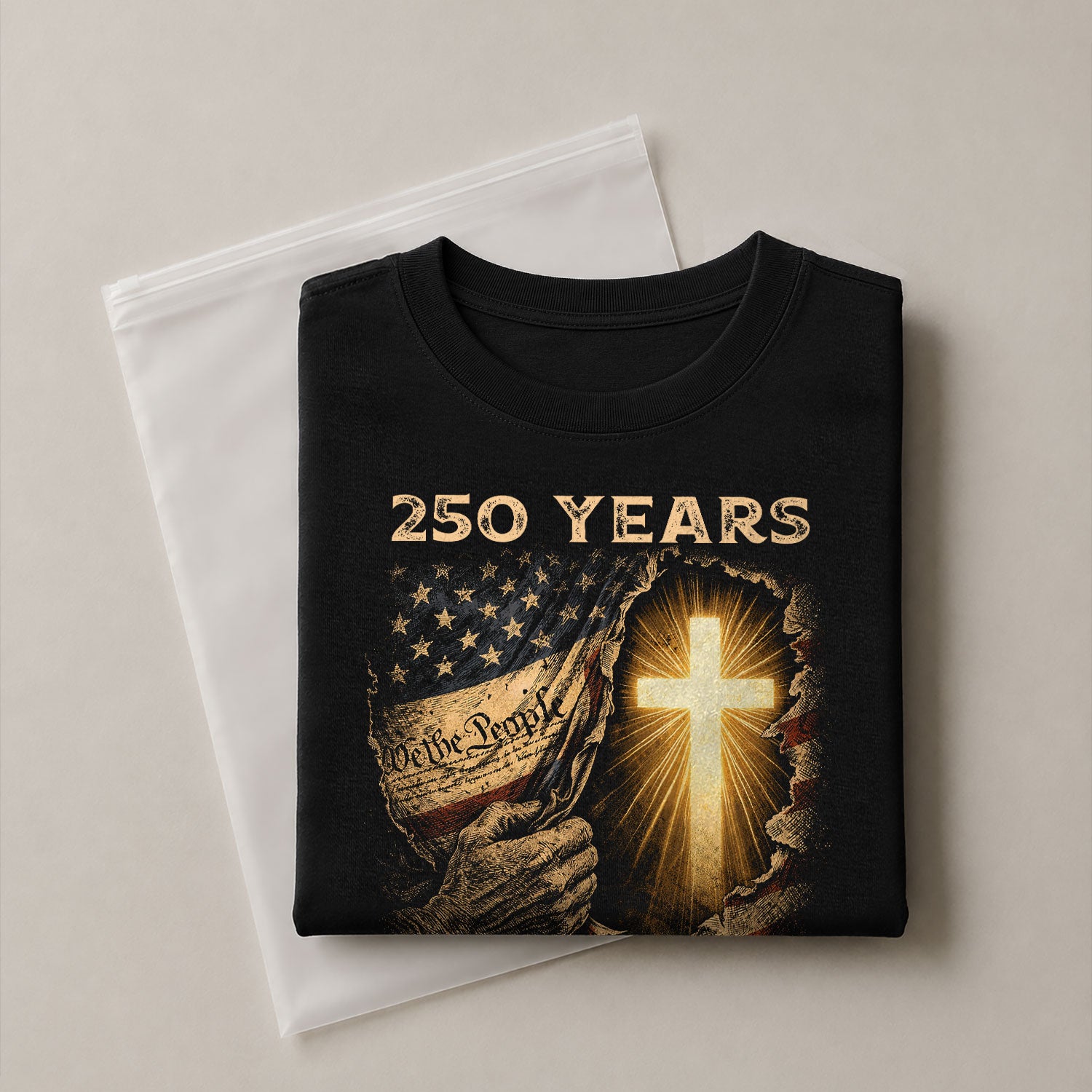 250th Anniversary Patriotic Shirt - Faith and Freedom Glowing Cross Christian Design - Rust Field Wear