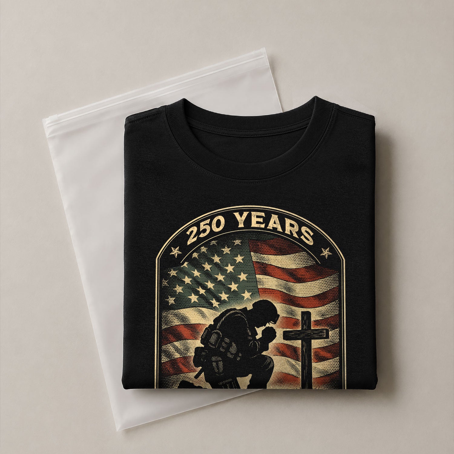 Faith and Freedom 250 Years 250th Anniversary Patriotic T-Shirt - Kneeling Soldier Prayer & American Flag Graphic Tee - Rust Field Wear