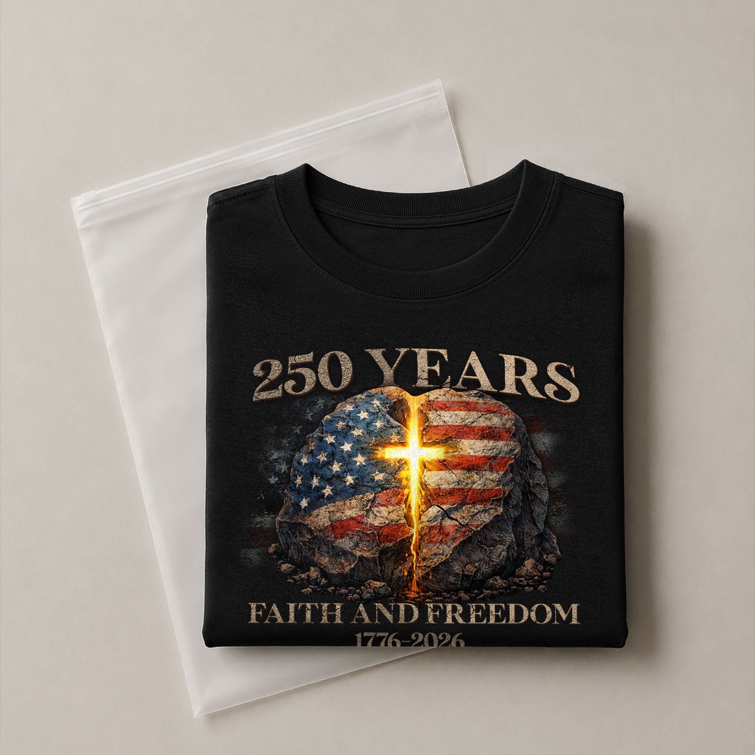 Faith and Freedom 250 Years T-Shirt - Glowing Cross & American Flag Rock Graphic Tee - Rust Field Wear