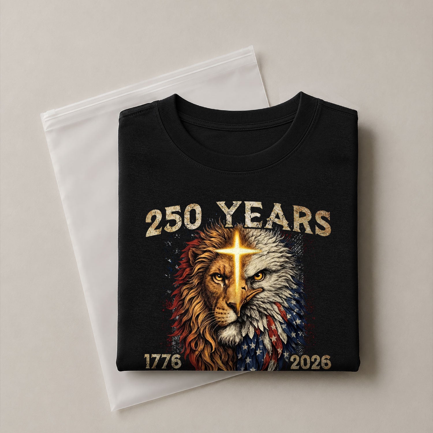 250 Years of Faith and Freedom Shirt - Lion and Eagle Cross Patriotic Strength Statement Graphic Tee - Rust Field Wear