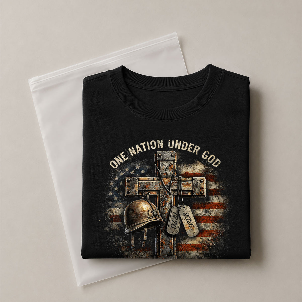America 250th Anniversary T-Shirt 1776-2026 – Veteran Christian Cross & Dog Tags Tee - Rust Field Wear