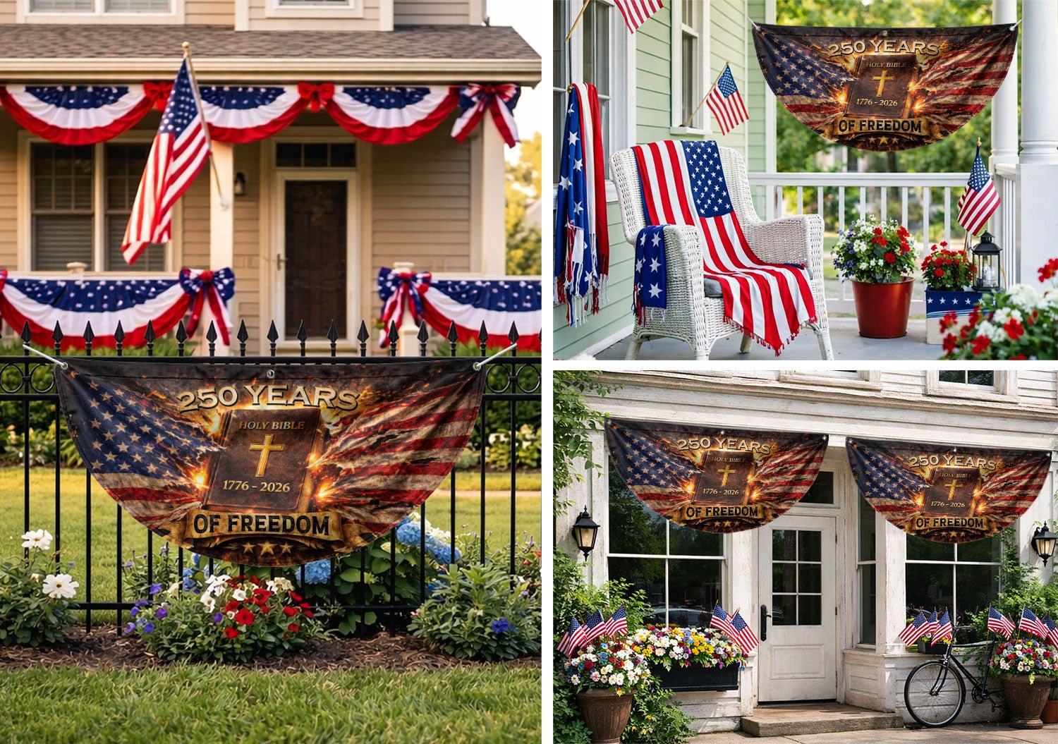 Fence Flag USA 250th Anniversary 1776–2026 Christian Cross Bible Patriotic Banner 250 Year American Freedom Flag - Rust Field Wear