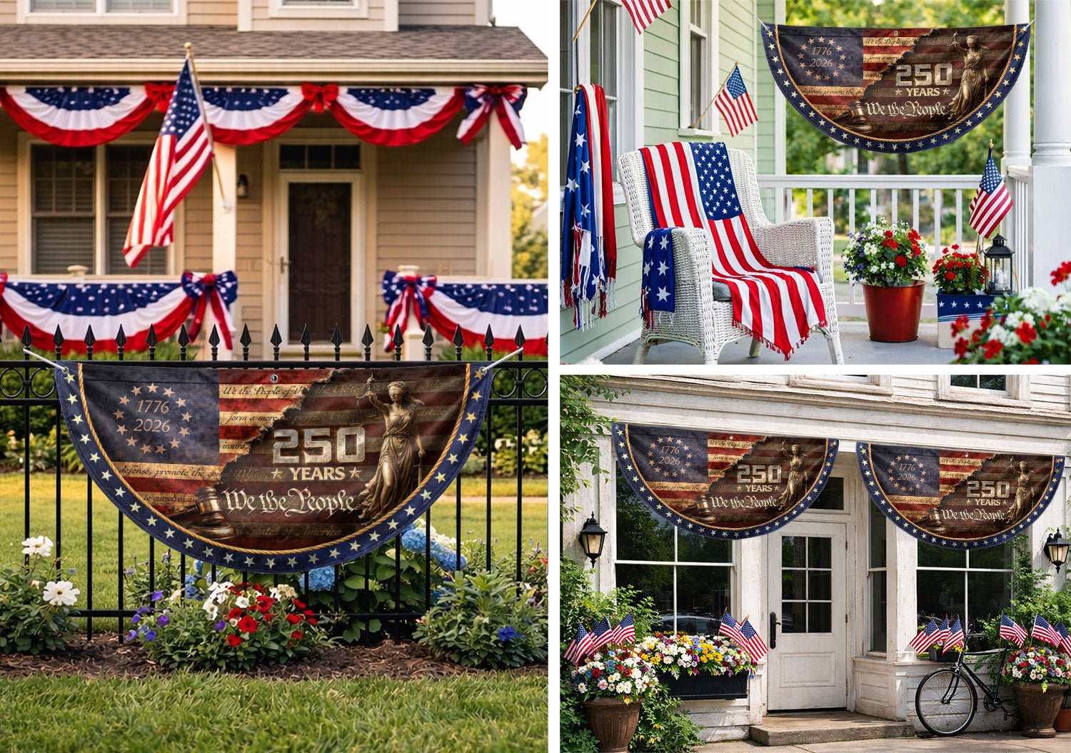 We The People Fence Flag Lady Justice & Gavel 250 Years Patriotic - 1776-2026 Decor - Rust Field Wear