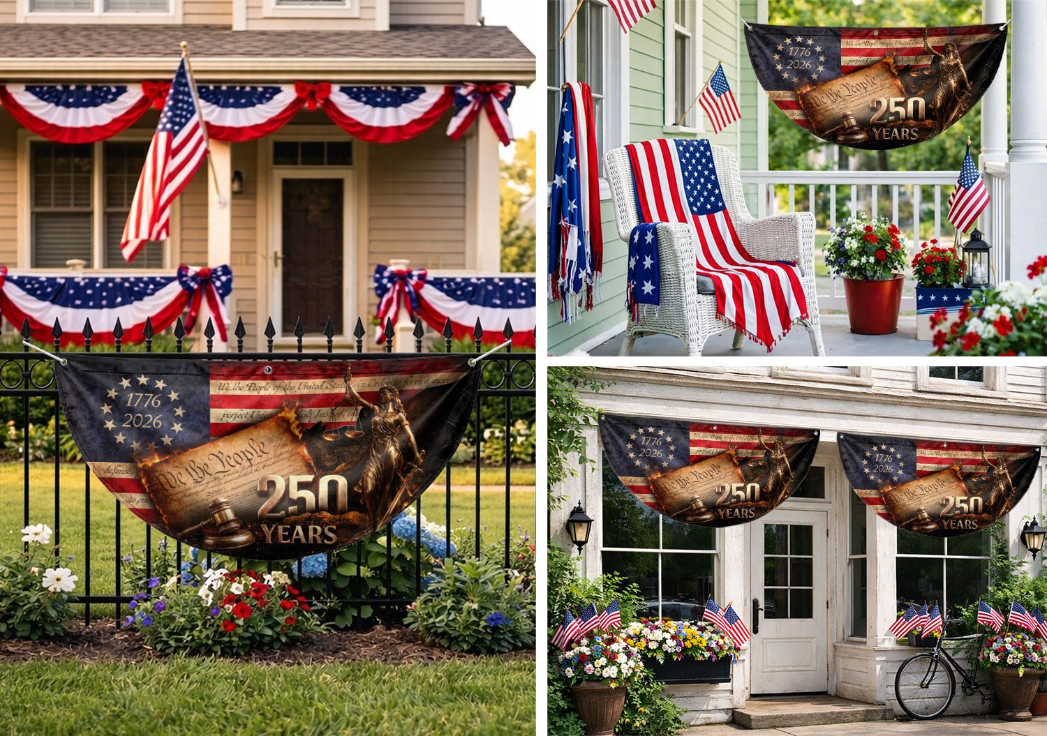 250 Years Lady Justice Fence Flag Patriotic 1776-2026 - We The People Outdoor Banner - Rust Field Wear