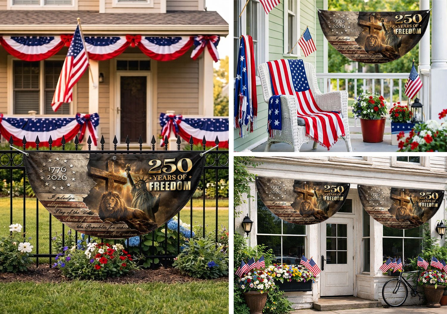 God Bless America 250 Years Fence Flag 1776-2026 – Lion & Cross Christian Patriotic USA Double Sided Banner - Rust Field Wear
