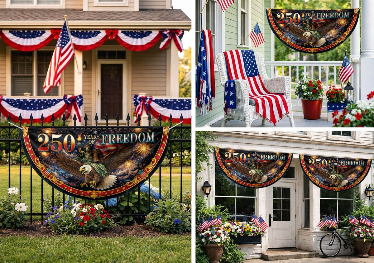 Fence Flag 250 Years of Freedom 1776-2026 Patriotic Eagle Liberty Bell Fireworks Banner - Rust Field Wear