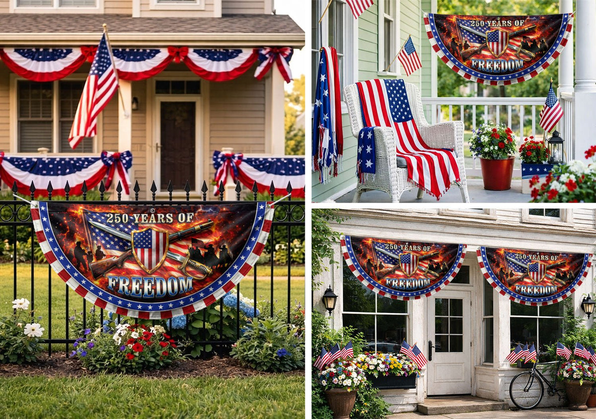 250 Years of Freedom Fence Flag 1776-2026 Patriotic Military Shield Banner - Rust Field Wear