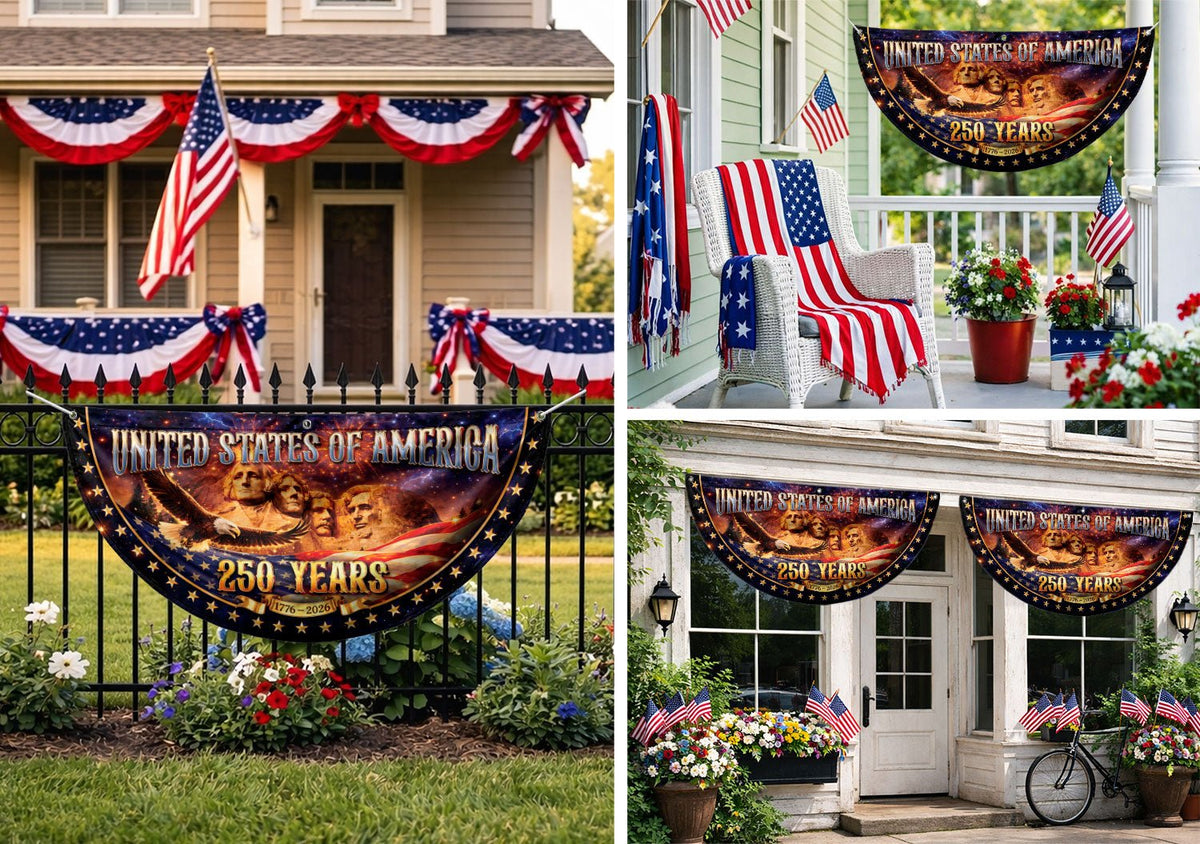 Mount Rushmore 250 Years United States Fence Flag 1776-2026 Patriotic Outdoor Banner - Rust Field Wear