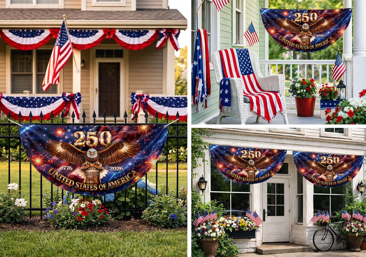 250 Years United States Fence Flag 1776-2026 Patriotic Liberty Eagle Bell - Rust Field Wear