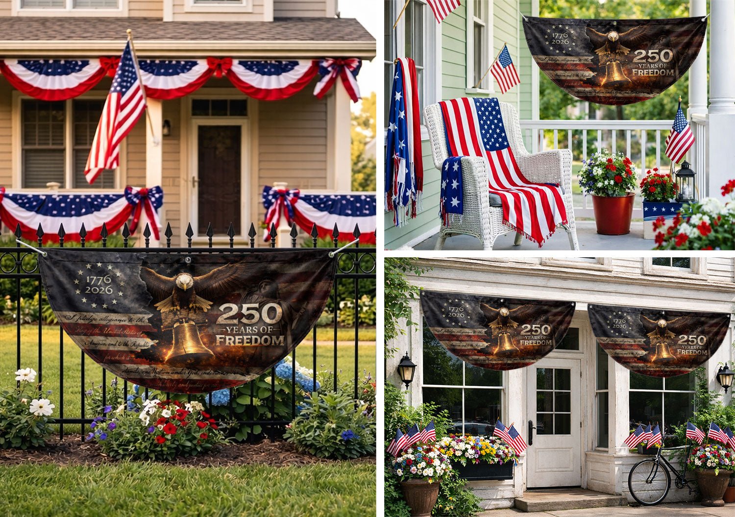 American 250 Year Fence Flag 1776 to 2026 Freedom Eagle Bell Patriotic Outdoor Decor - Rust Field Wear