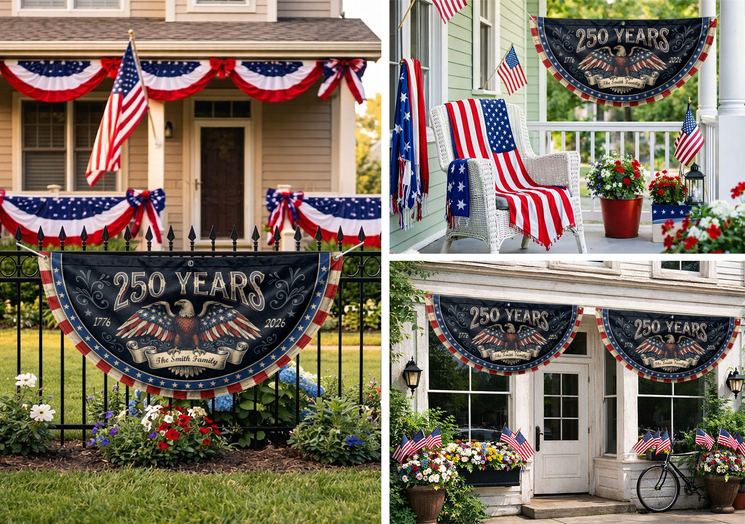 250 Years 1776-2026 Patriotic Fence Flag - Custom Family Name Eagle Outdoor Banner
