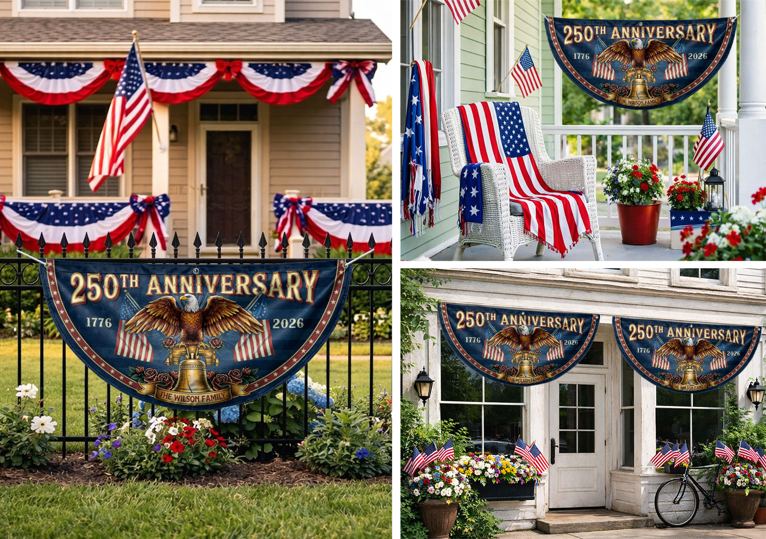 250th Anniversary 1776-2026 Liberty Bell Custom Family Name Patriot Fence Flag Banner