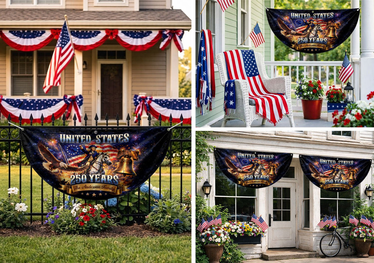 Custom Family Name United States 250 Years George Washington Patriot Eagle Fence Flag - Rust Field Wear