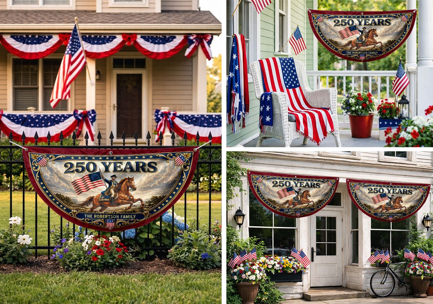Custom Family Name 250 Years United States George Washington Patriot Bunting Fence Flag - Rust Field Wear