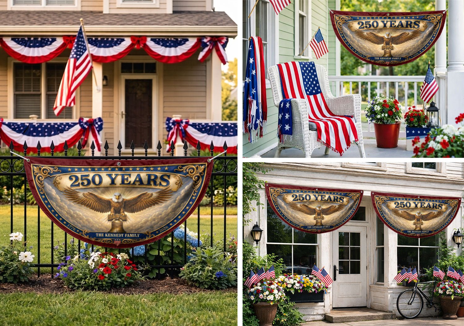 Custom Family Name 250 Years United States Patriot Eagle Liberty Bell Fence Flag - Rust Field Wear