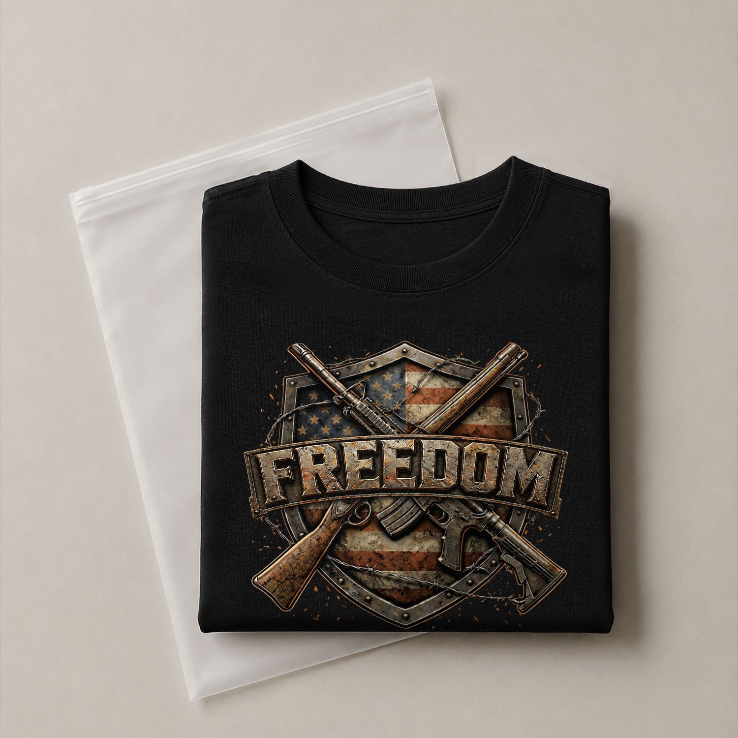 Freedom Shield Patriotic 2nd Amendment and American Flag Rifles - Freedom T Shirt, Patriotic Shirts for Men - Rust Field Wear