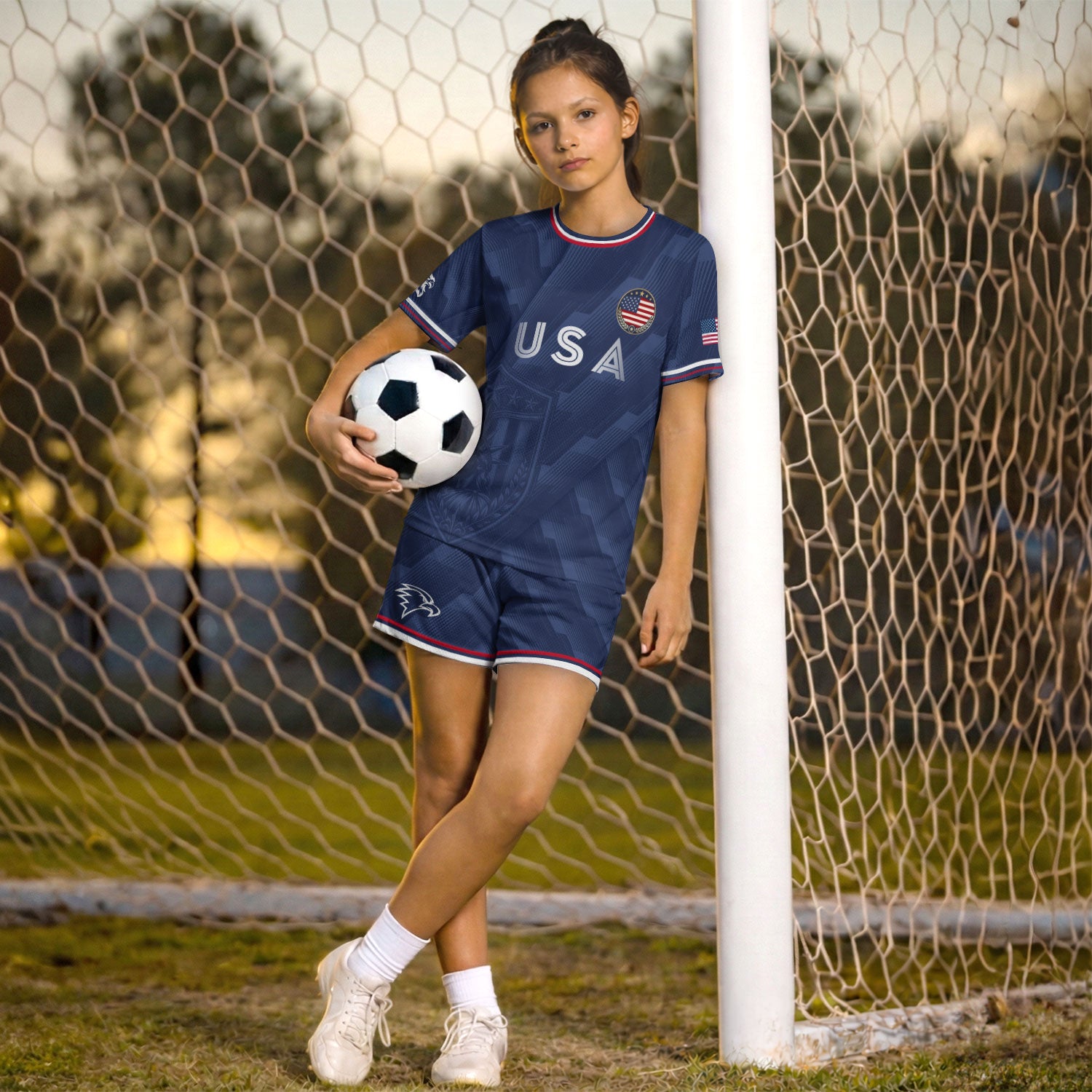 USA Soccer Jersey Kids Set Navy Patriotic Youth Football Shirt Shorts Outfit Kit
