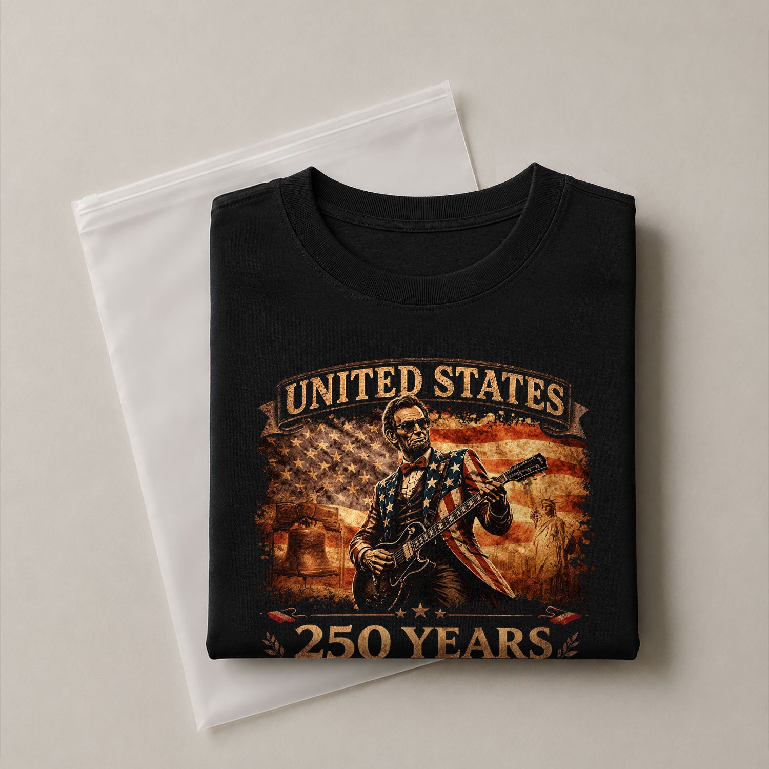 Flag Jacket Lincoln Guitar Shirt Sunglasses Liberty Bell Patriotic 1776 2026 Men Tee - Rust Field Wear