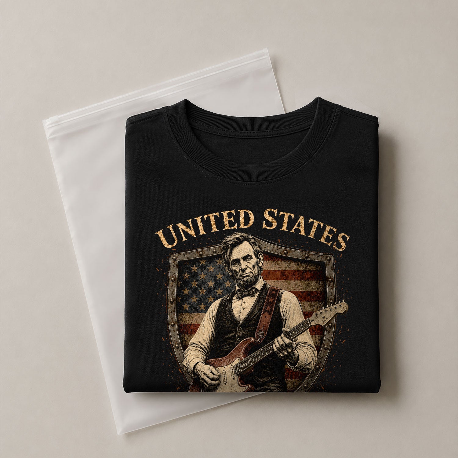 Patriotic Shield Lincoln Guitar Shirt We The People Vintage 1776 2026 US Flag Men Tee - Rust Field Wear