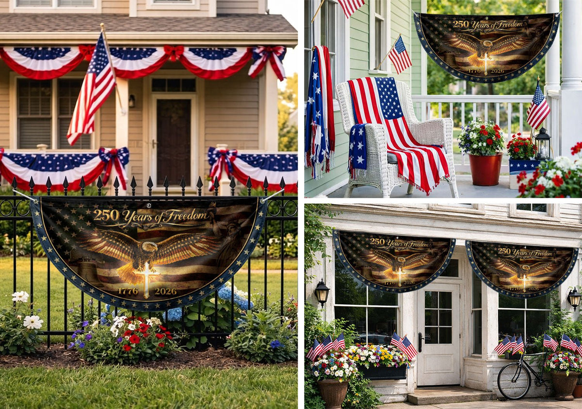 250 Years of Freedom Fence Flag 1776 2026 American Eagle Cross Patriotic Bunting Banner - Rust Field Wear