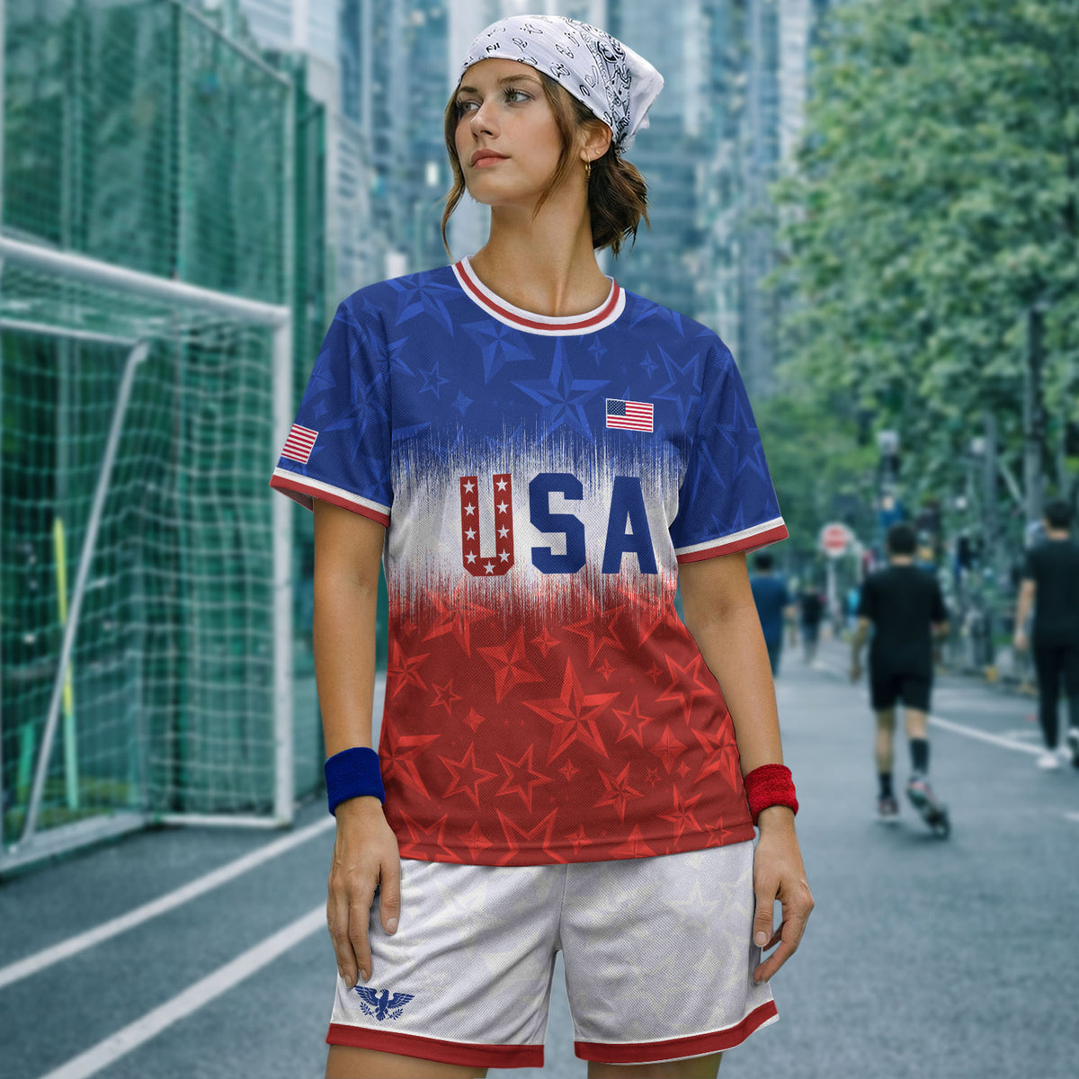 Navy Orange USA Soccer Jersey Patriotic Stars Stripes American Football Shirt Fan Apparel Tee - Rust Field Wear