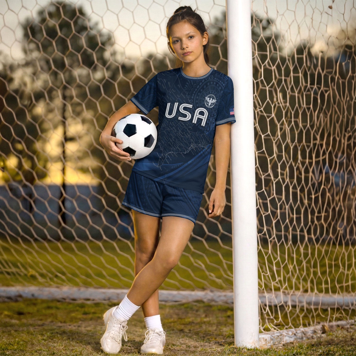 USA Kids Soccer Jersey Set Navy Blue Eagle Map Patriotic Football Outfit Kit
