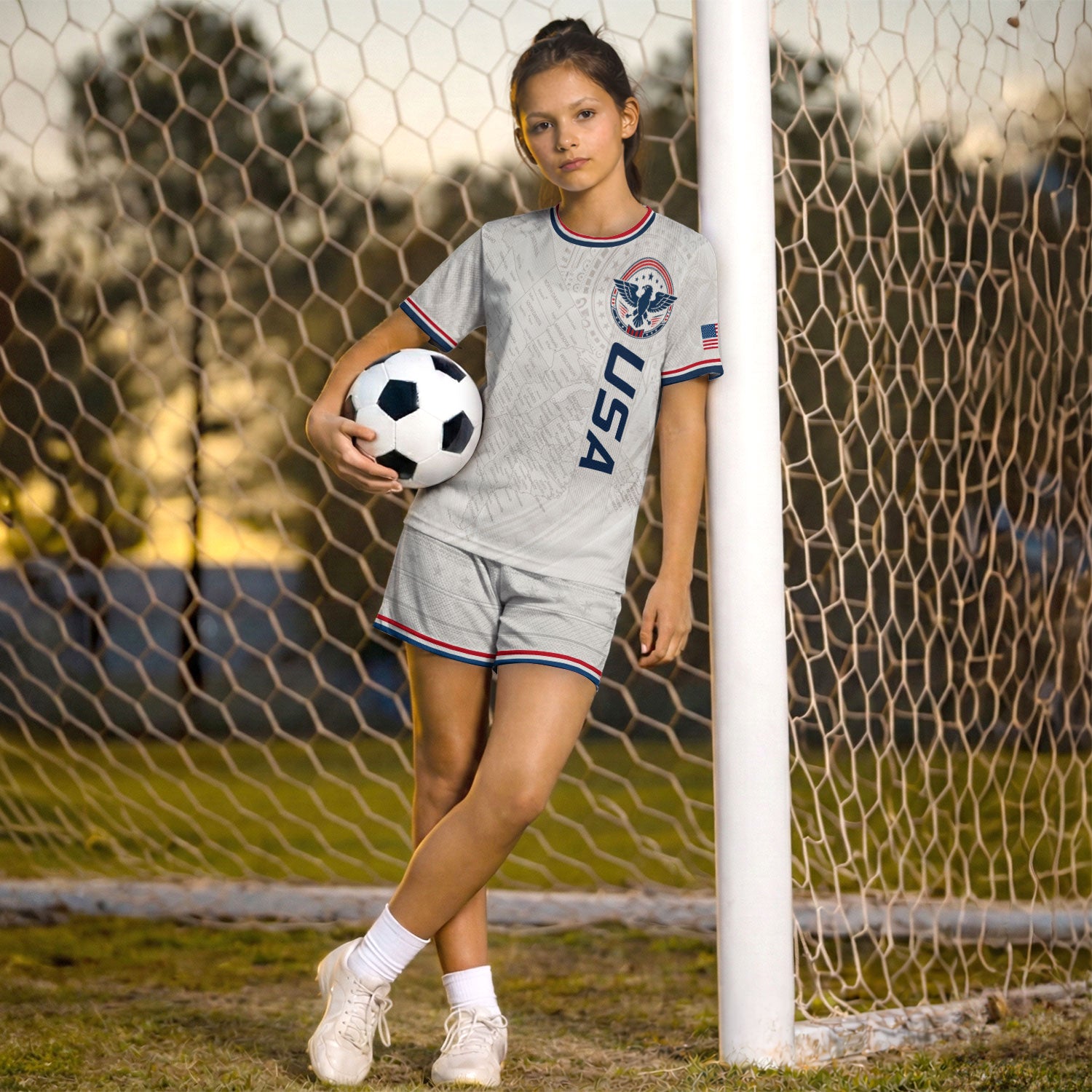 USA Kids Soccer Jersey Set White Eagle Patriotic Youth Football Outfit Kit