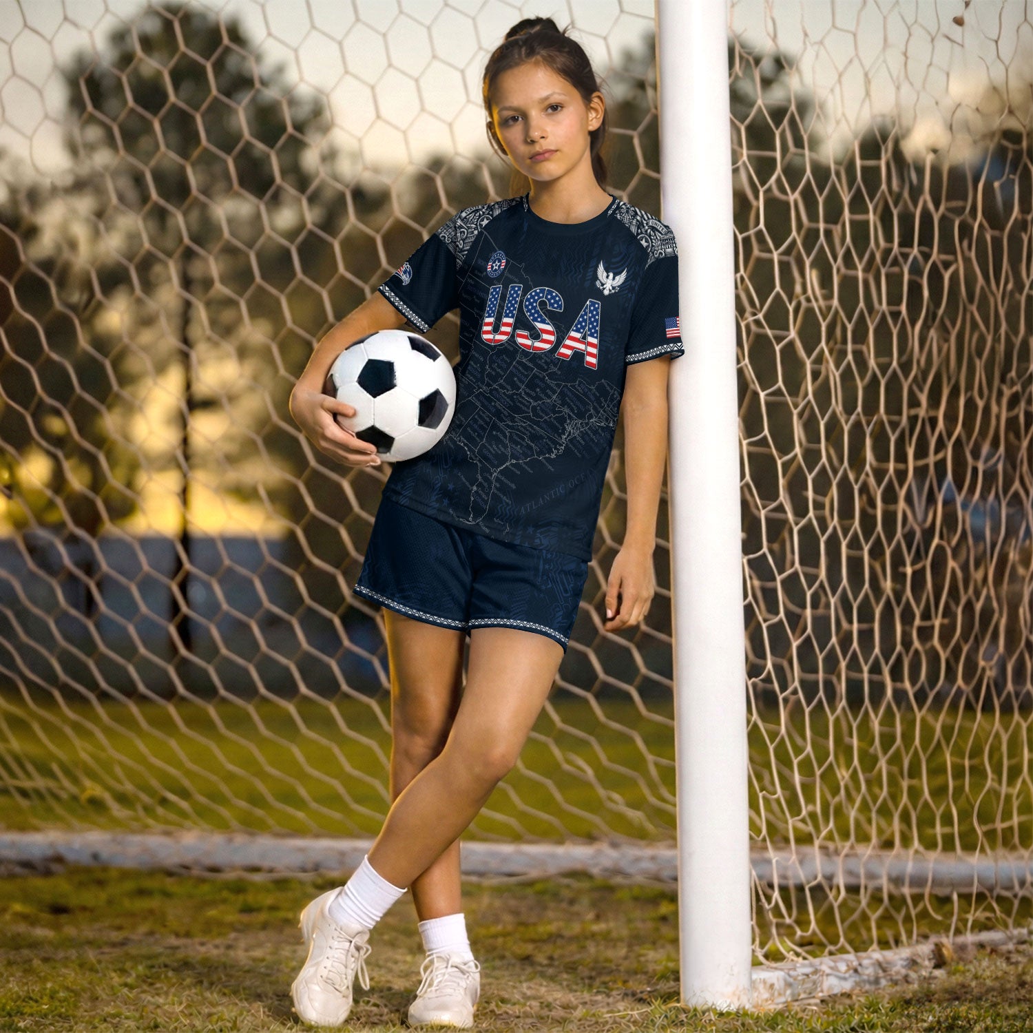 USA Kids Soccer Jersey Set Navy Blue Flag Graphic Youth Football Kit