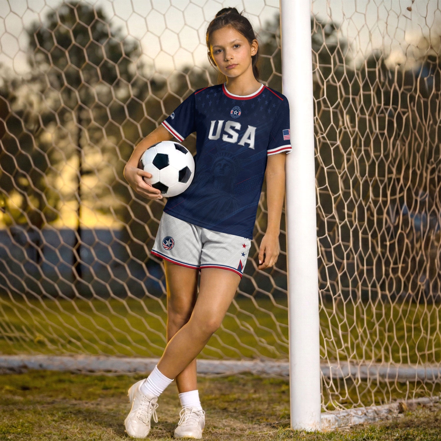 USA Kids Soccer Jersey Set Navy Blue Eagle Shield Youth Football Kit