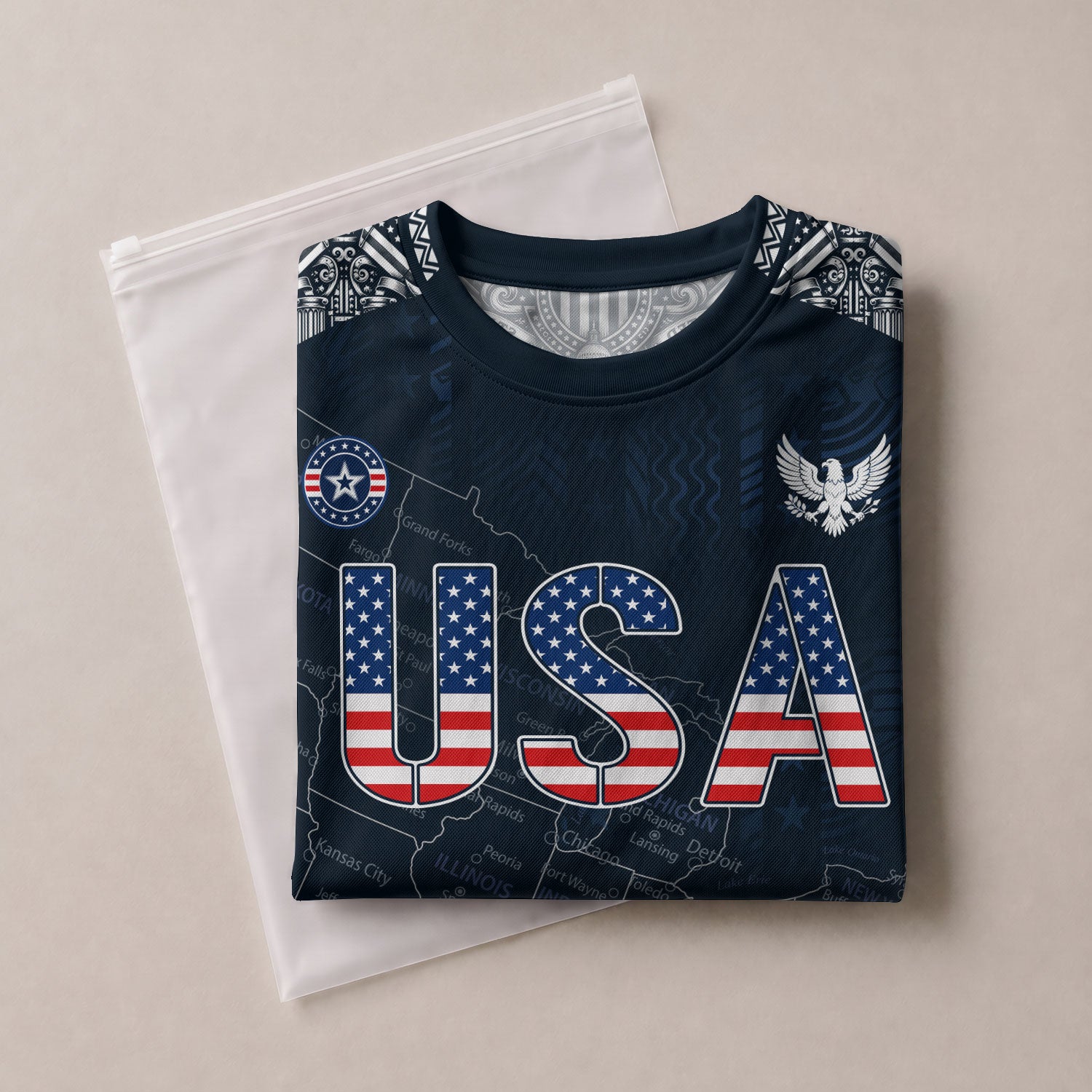 Navy USA Soccer Jersey Flag Pattern US Map American Shirt Patriotic Stars Stripes