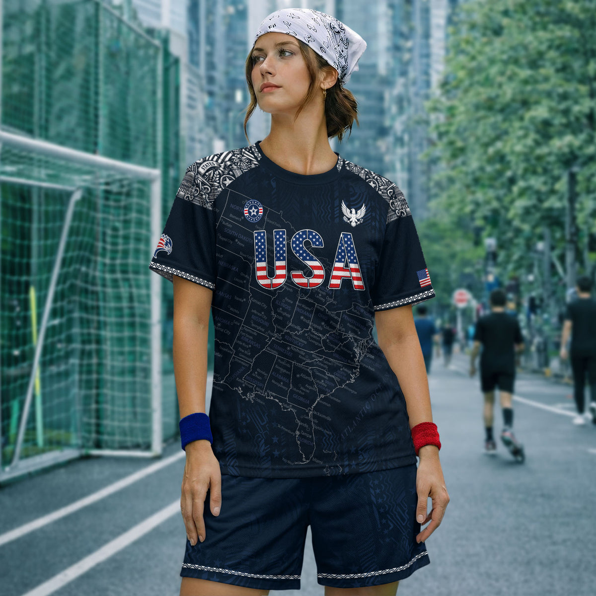 Navy USA Soccer Jersey Flag Pattern US Map American Shirt Patriotic Stars Stripes - Rust Field Wear