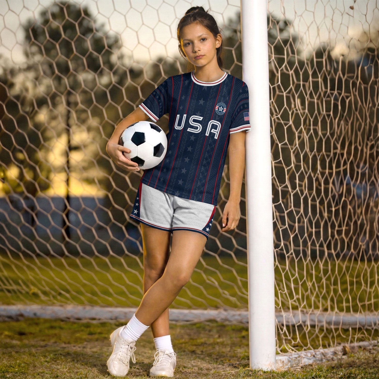 USA Kids Soccer Jersey Set Navy Blue White Striped Youth Football Kit