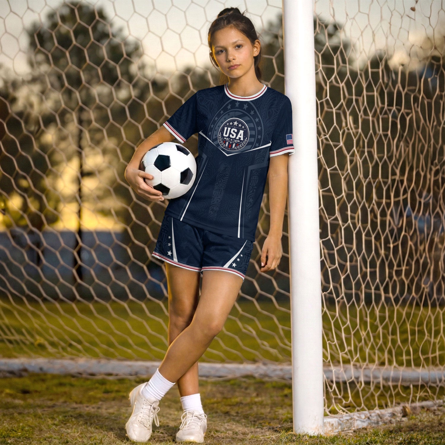 USA Kids Soccer Jersey Set Navy Blue Eagle Shield Youth Sports Kit