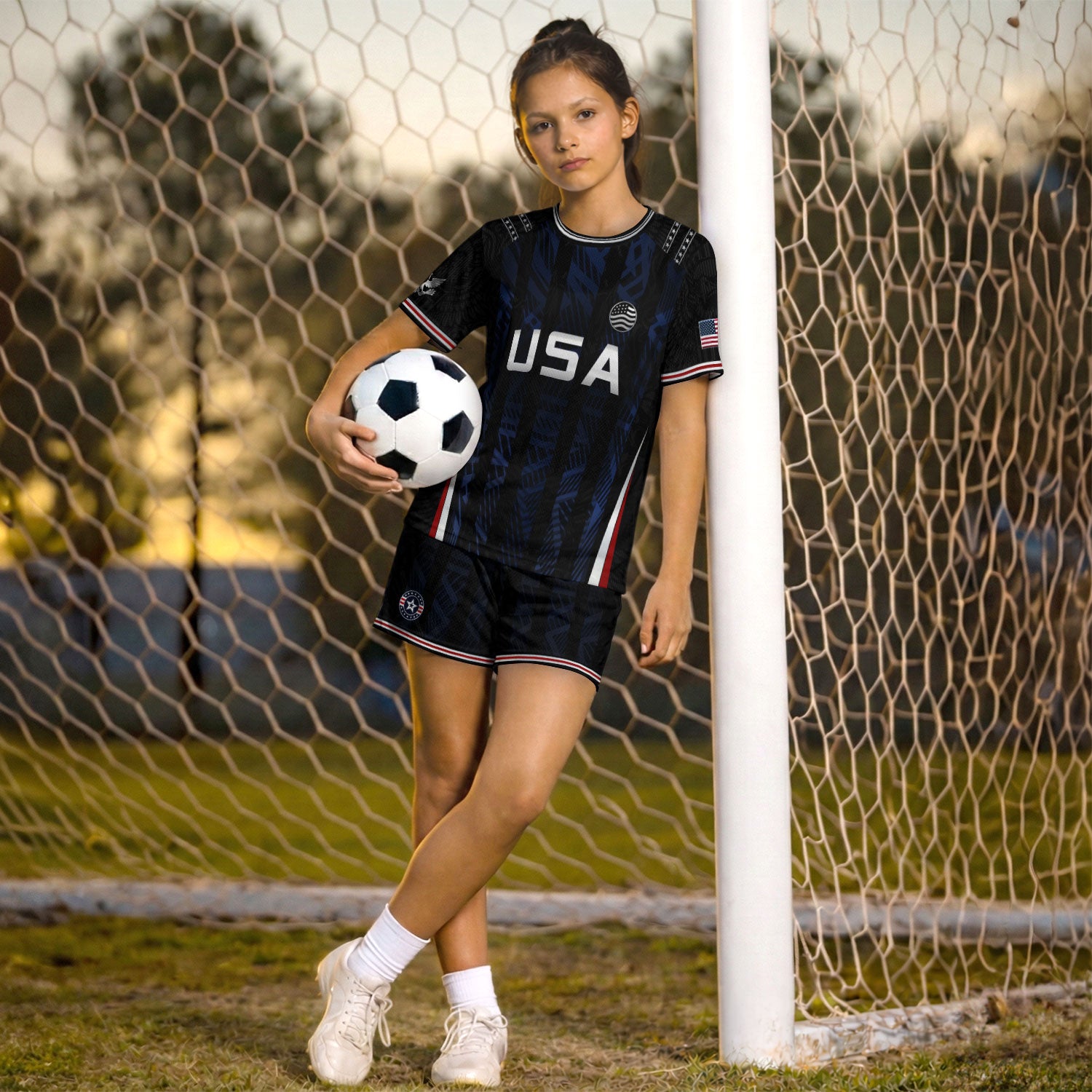 USA Kids Soccer Jersey Set Black Navy Eagle Crest Youth Football Kit
