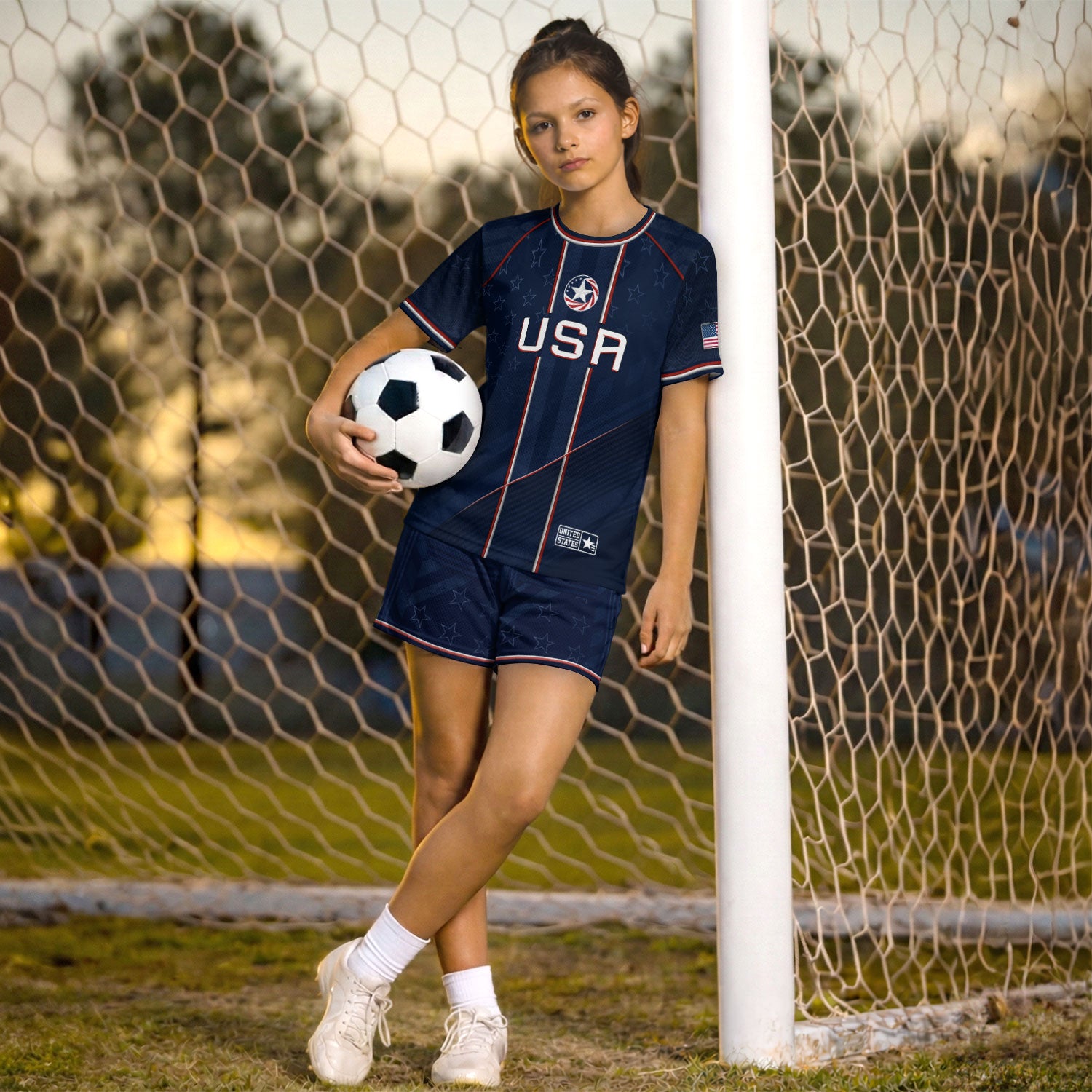 USA Kids Soccer Jersey Set Navy Blue Red Line Youth Football Outfit