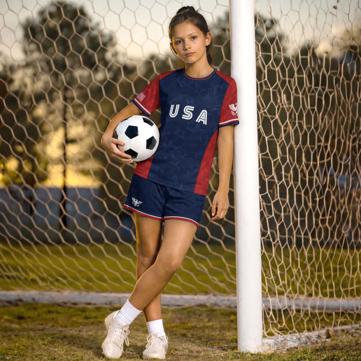 USA Kids Soccer Jersey Youth Navy Blue Red Patriotic Stars Graphic Football Shirt - Rust Field Wear