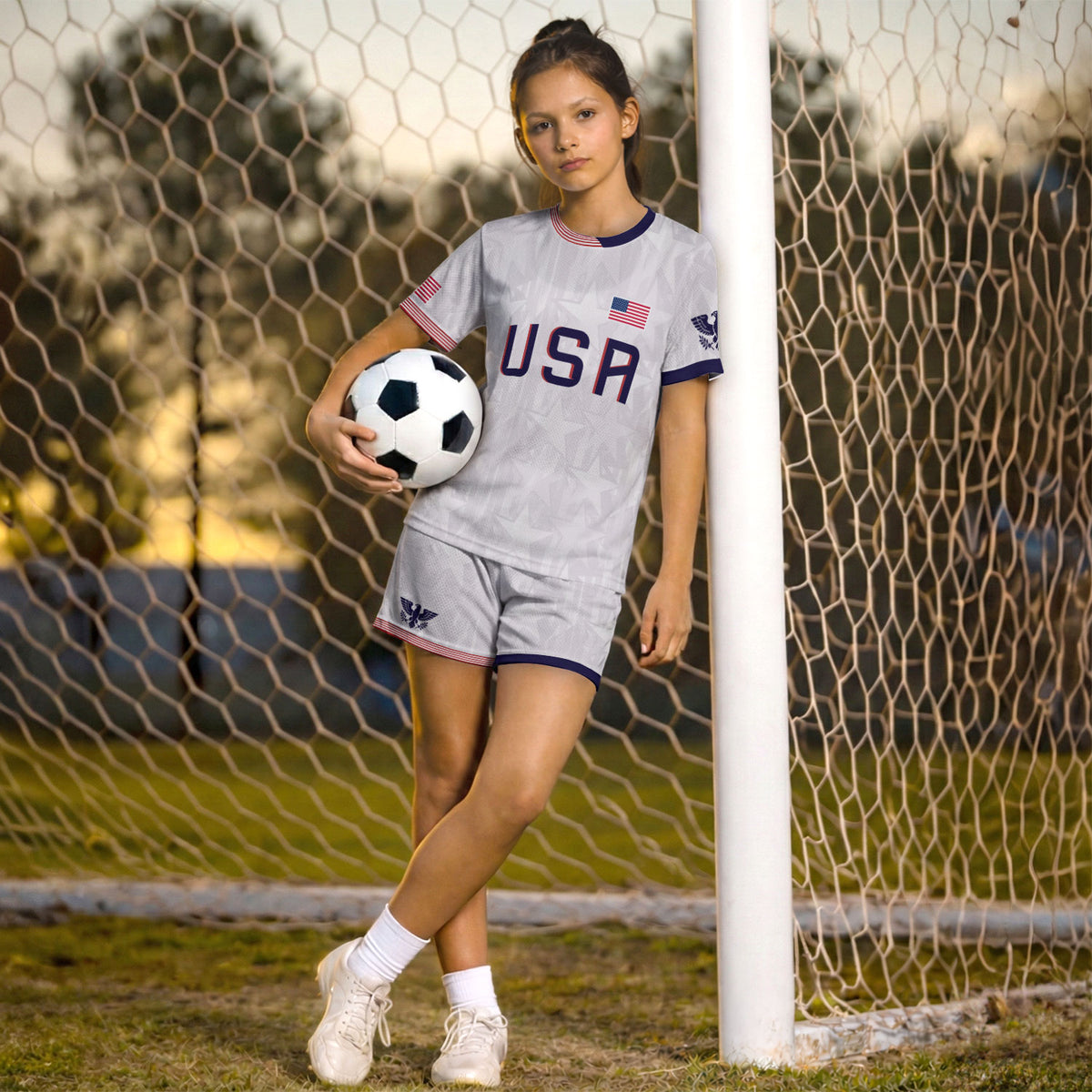 USA Kids Soccer Jersey Youth White Patriotic Stars Eagle Graphic Football Shirt - Rust Field Wear
